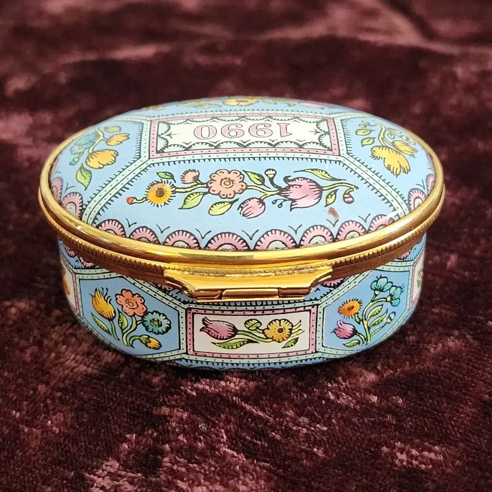 Halcyon Days 1990 Enamel Trinket Box Vintage Floral